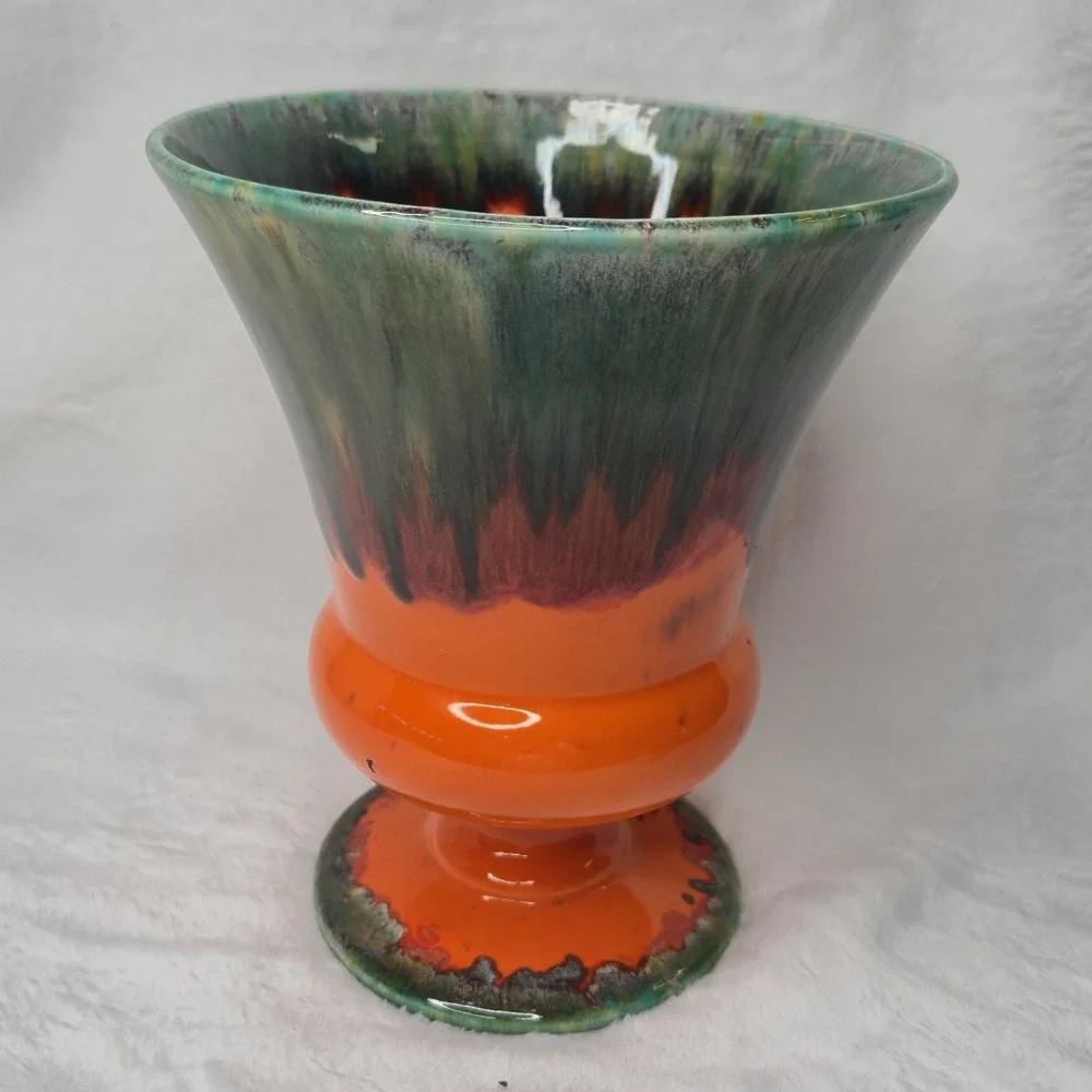 Lane & Co Pottery Vase 1961 MCM Orange Green Drip Glaze Psychedelic Vintage 7.5